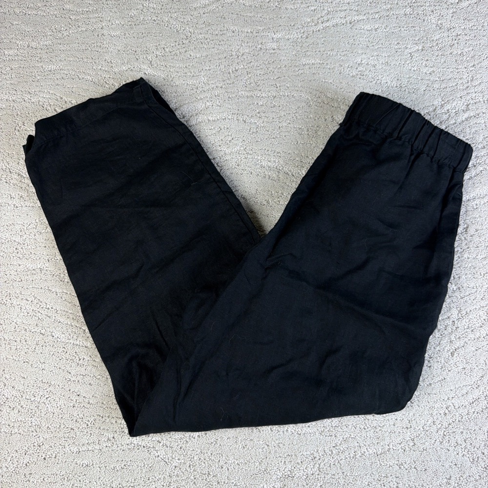 Women's Quince Size Small Black Pull On 100% Linen Wide Leg Cropped Pants